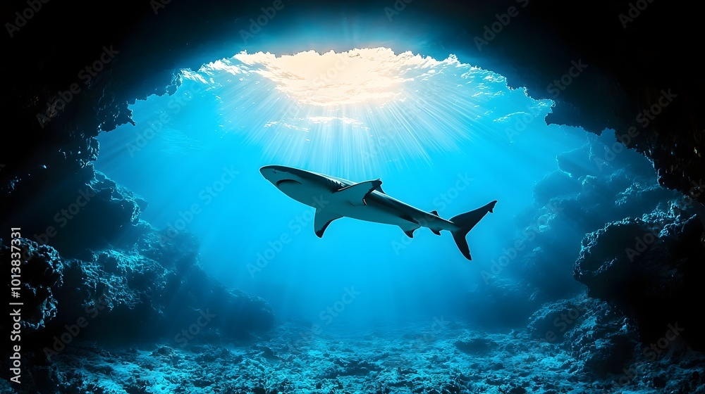 Majestic Shark Gliding Through Dark Underwater Cave - Mysterious Shadows and Silence Create an Eerie Atmosphere Perfect for Nature and Adventure Themes Majestic Shark Gliding Through Dark Underwater Cave - Mysterious Shadows and Silence Create an Eerie Atmosphere Perfect for Nature and Adventure Themes