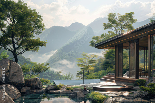 A tranquil mountain landscape designed for spiritual retreats, with serene views and calming natural elements