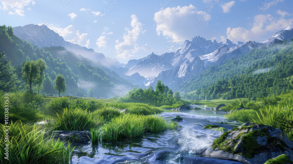 A tranquil mountain landscape with a peaceful river flowing through the valley, surrounded by vibrant greenery A tranquil mountain landscape with a peaceful river flowing through the valley, surrounded by vibrant greenery