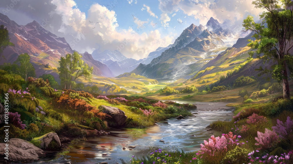 Obraz premium A tranquil mountain landscape with a peaceful river flowing through the valley, surrounded by vibrant greenery