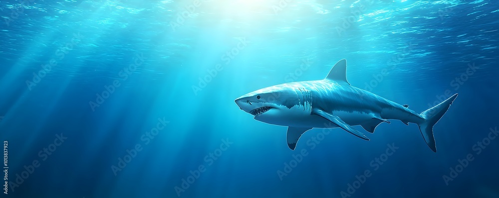 Fototapeta premium Predator of the Deep A Fearsome Shark in the Abyss - An Unsettling Encounter in the Ocean Trench Capturing Natures Darkest Mysteries