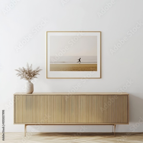 A stylish sideboard setup with a framed beach photograph above, complemented by a vase of dried plants, embodying tranquility. photo