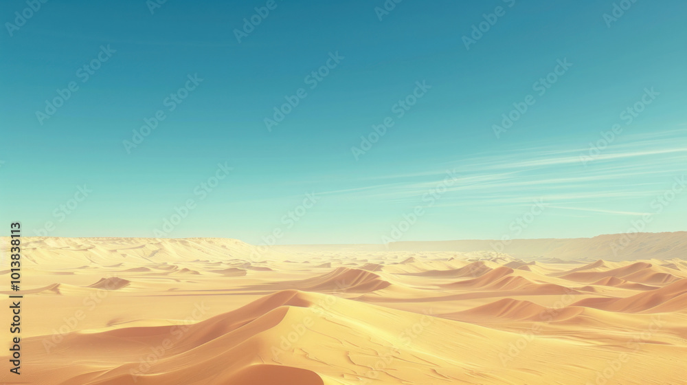 A vast desert landscape with sand dunes stretching into the horizon under a clear blue sky A vast desert landscape with sand dunes stretching into the horizon under a clear blue sky