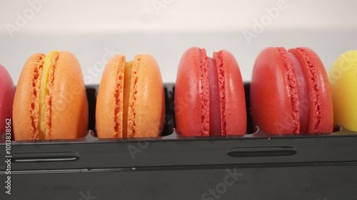 Close-up of macaron cookies from almond dough. Traditional french desserts. 