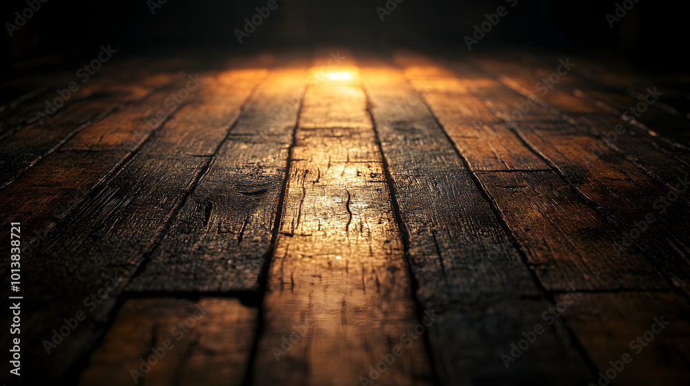 A photo showcasing an empty wooden floor illuminated by a spotlight, creating a dramatic effect that highlights the rich textures and natural grains of the wood. The spotlight casts soft shadows, addi A photo showcasing an empty wooden floor illuminated by a spotlight, creating a dramatic effect that highlights the rich textures and natural grains of the wood. The spotlight casts soft shadows, addi