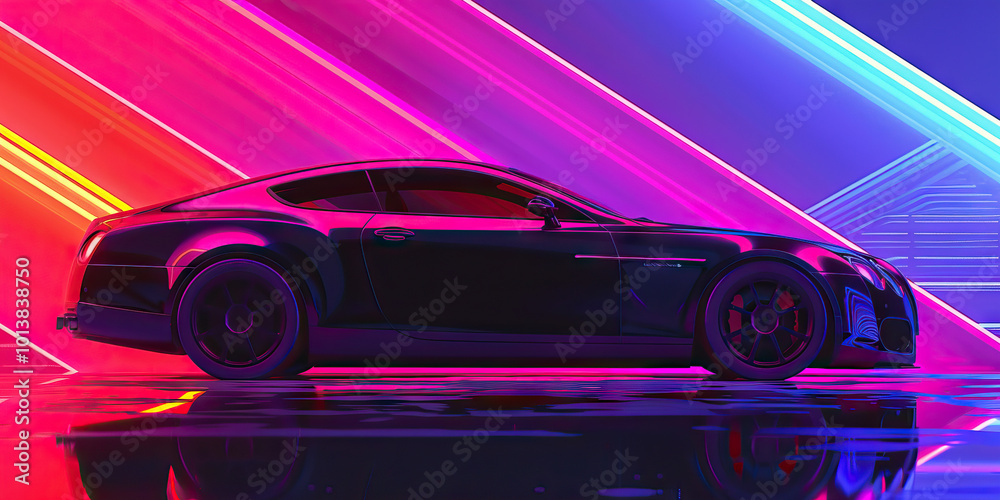 A luxury car, its sleek lines reflecting the colorful hues of a neon sign, symbolizing the material excesses achieved through criminal means. A luxury car, its sleek lines reflecting the colorful hues of a neon sign, symbolizing the material excesses achieved through criminal means.