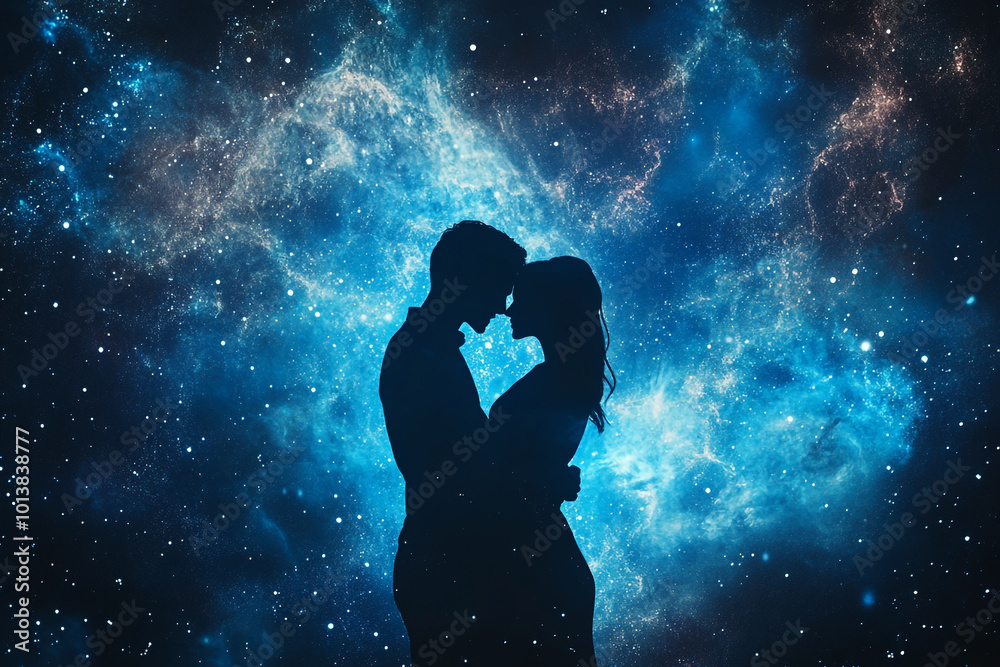 A couple's silhouette against the backdrop of an ethereal galaxy, symbolizing their love as vast and infinite in space. A couple's silhouette against the backdrop of an ethereal galaxy, symbolizing their love as vast and infinite in space.