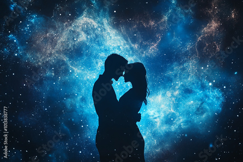 Wallpaper Mural A couple's silhouette against the backdrop of an ethereal galaxy, symbolizing their love as vast and infinite in space.  Torontodigital.ca