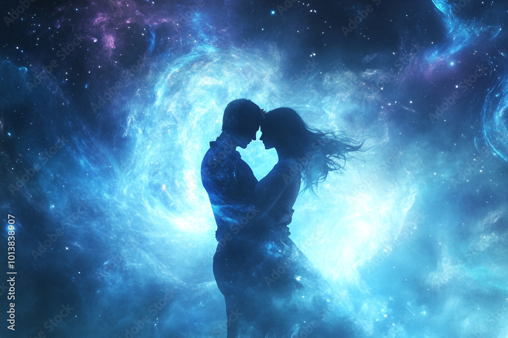 A couple's silhouette against the backdrop of an ethereal galaxy, symbolizing their love as vast and infinite in space. A couple's silhouette against the backdrop of an ethereal galaxy, symbolizing their love as vast and infinite in space.