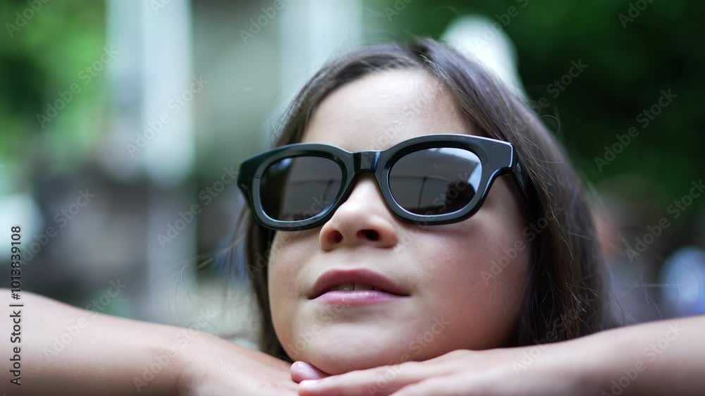 Young girl wearing sunglasses, resting her chin on her hands with a relaxed and thoughtful expression, enjoying a quiet moment outdoors Young girl wearing sunglasses, resting her chin on her hands with a relaxed and thoughtful expression, enjoying a quiet moment outdoors