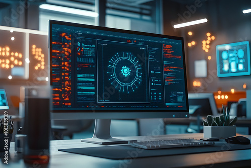 A computer screen shows a malware detection alert along with an extensive scan report. The setting is a contemporary office designed for technology and cybersecurity work