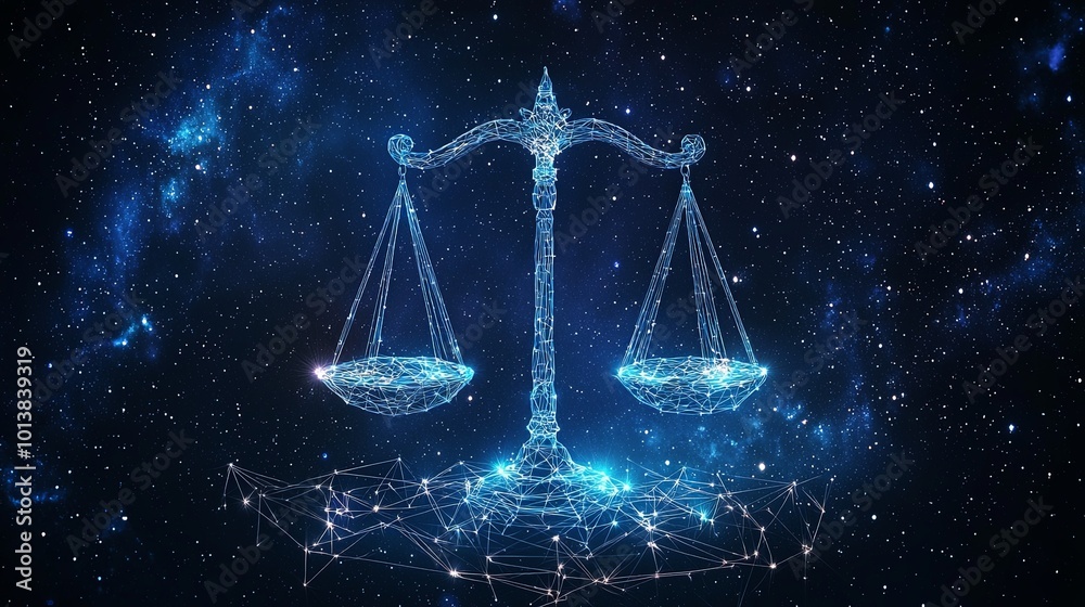 A pair of digital scales emanates a serene glow, situated in a cosmic universe scene, illustrating harmony and justice in a modern, digital interpretation. A pair of digital scales emanates a serene glow, situated in a cosmic universe scene, illustrating harmony and justice in a modern, digital interpretation.
