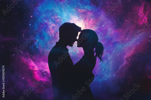 A couple's silhouette against the backdrop of an ethereal galaxy, symbolizing their love as vast and infinite in space. 