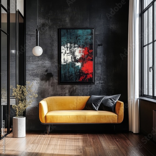 A bold industrial room contrasting a vivid yellow sofa and abstract art, set against deep, dark walls for a striking visual impact. photo