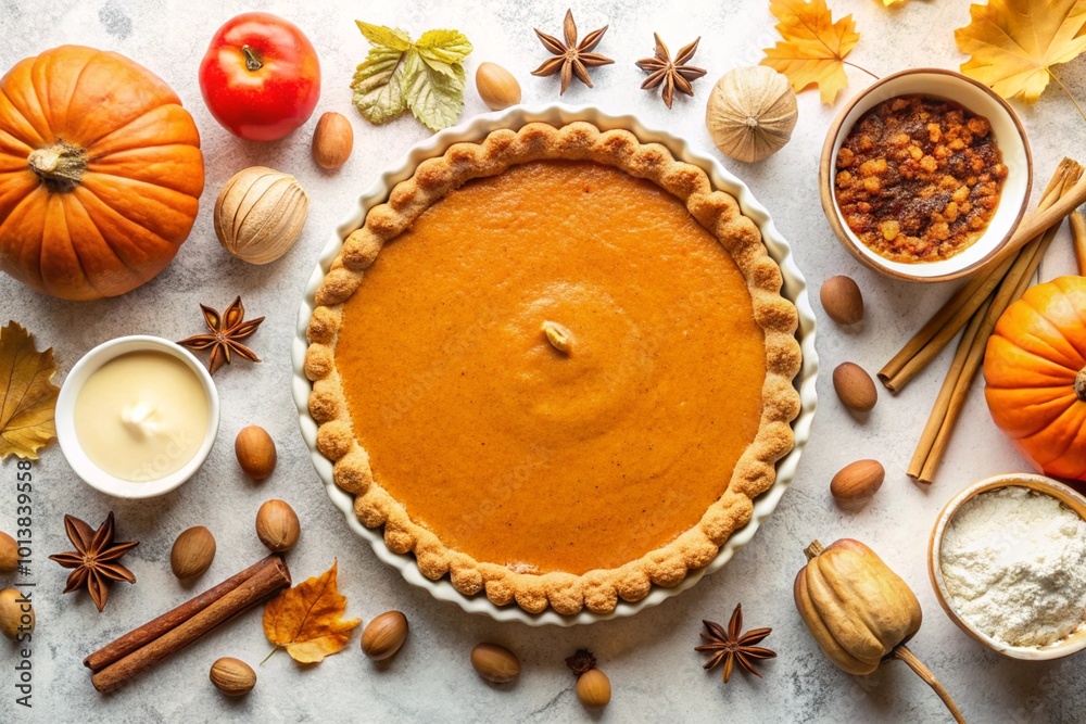American Pumpkin Pie with ingredients for baking on white background. View from above. Flat lay. American Pumpkin Pie with ingredients for baking on white background. View from above. Flat lay.