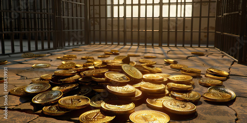 A pile of shining gold coins, scattered on the floor, contrasting with the drab prison cell background.