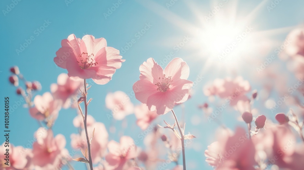 Pink flowers blooming under bright blue sky, sunlight concept Pink flowers blooming under bright blue sky, sunlight concept