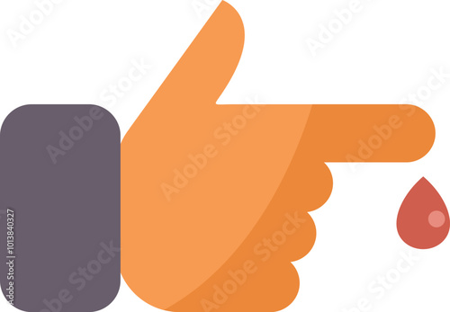 Cartoon hand is pointing at a drop of blood coming from an injured finger