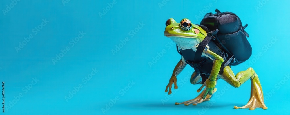 Naklejka premium Frog dressed as a scuba diver, wearing a wetsuit and fins, against a bright blue background