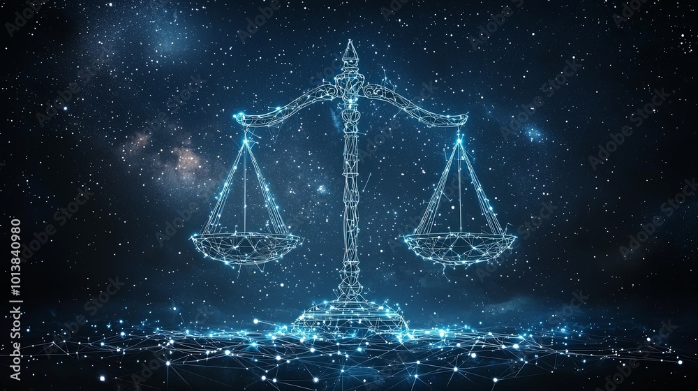 The digital art shows bright scales of justice, surrounded by cosmic stars and networks, conveying enlightenment and balance in a futuristic milieu. The digital art shows bright scales of justice, surrounded by cosmic stars and networks, conveying enlightenment and balance in a futuristic milieu.
