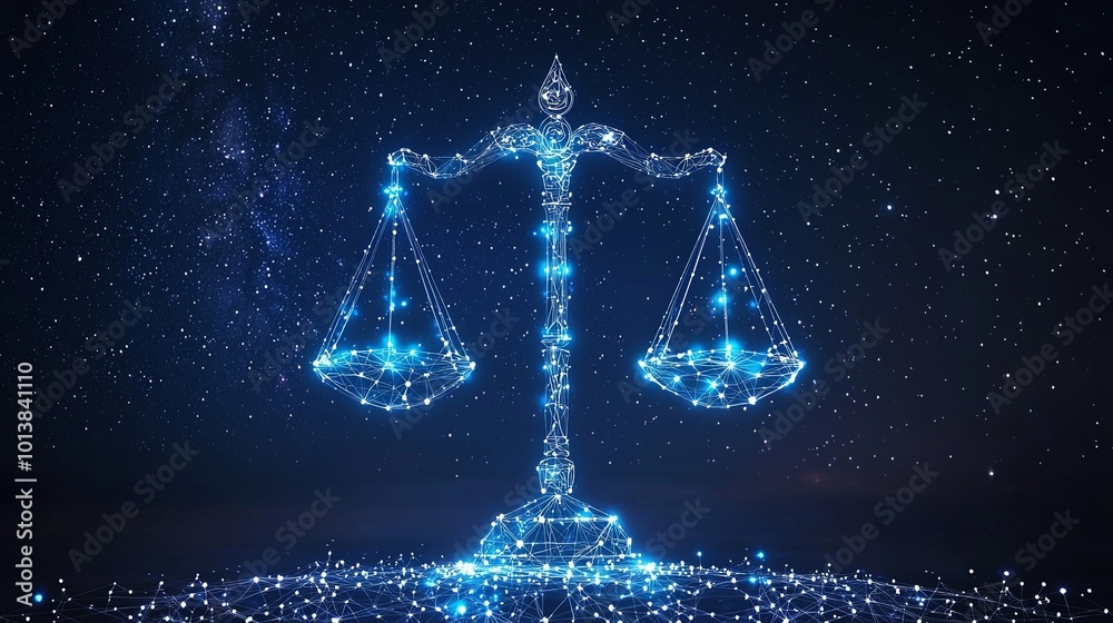 Featuring blue glowing scales-of-equity placed within a captivating starry galaxy setting, representing justice, balance, and universal harmony. Featuring blue glowing scales-of-equity placed within a captivating starry galaxy setting, representing justice, balance, and universal harmony.