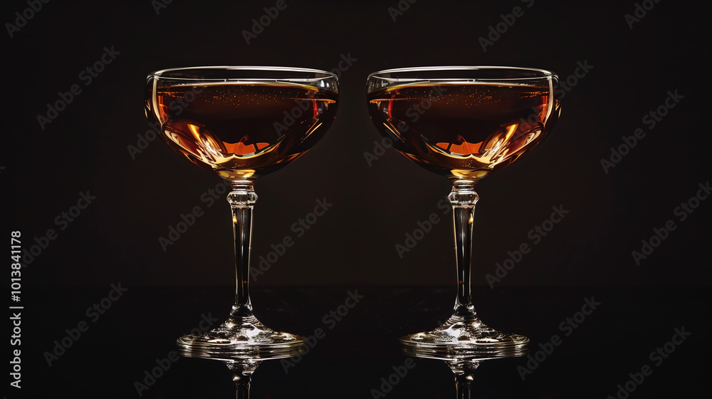Two wine glasses filled with a dark liquid, one on the left and one on the right Two wine glasses filled with a dark liquid, one on the left and one on the right