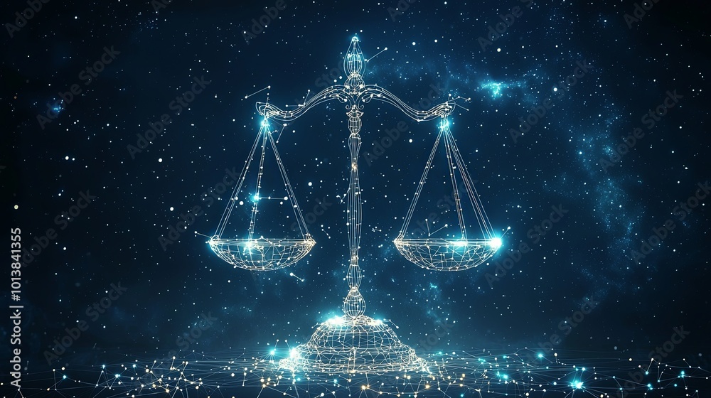 A digital representation of a glowing scales of justice set against a vast cosmic night sky, symbolizing balance and fairness in a celestial context. A digital representation of a glowing scales of justice set against a vast cosmic night sky, symbolizing balance and fairness in a celestial context.