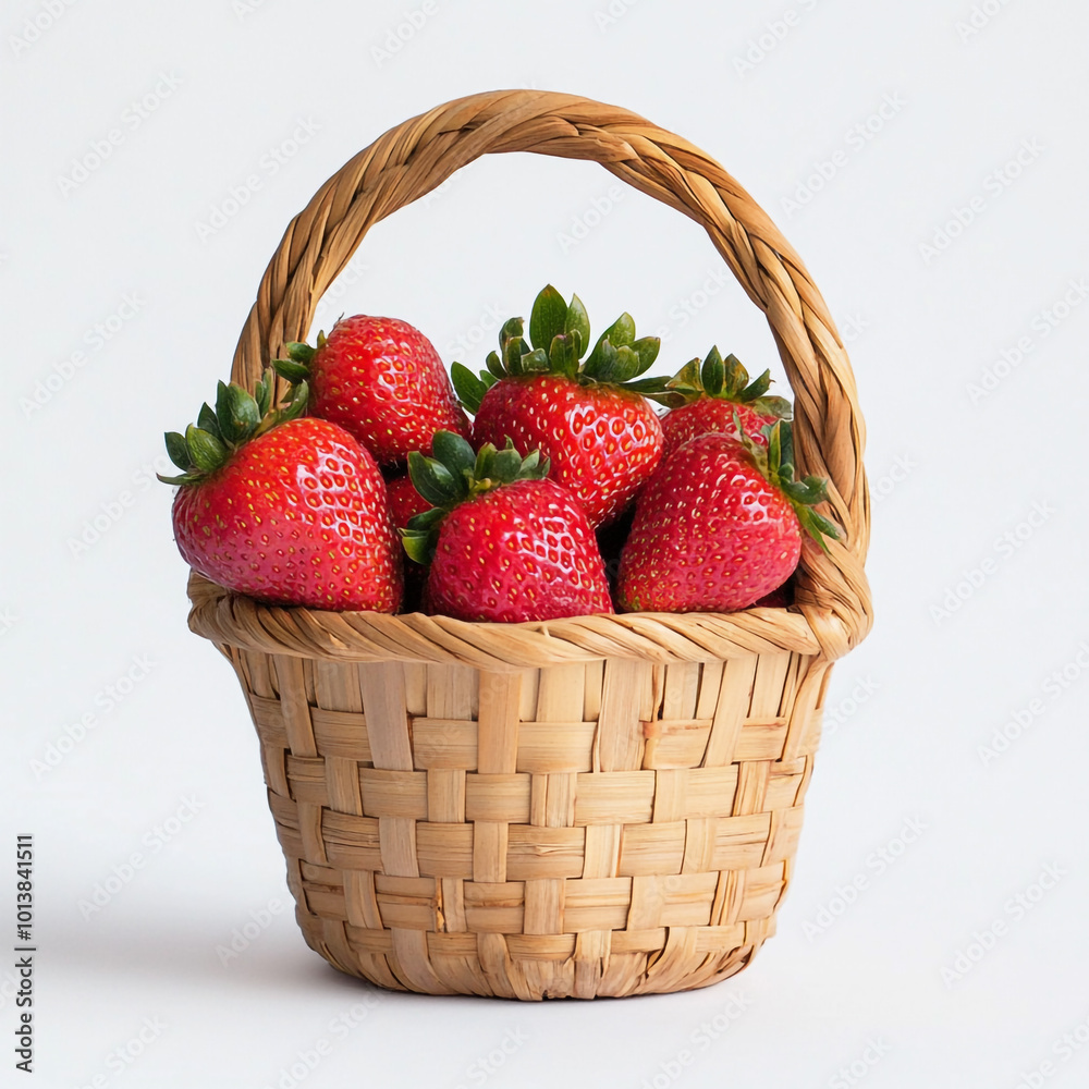 A small bamboo basket with a handle, full of strawberries on a white background. A small bamboo basket with a handle, full of strawberries on a white background.