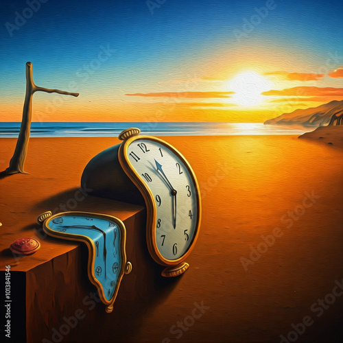 a surrealist painting of a melting clock on a beach, with a dreamlike atmosphere