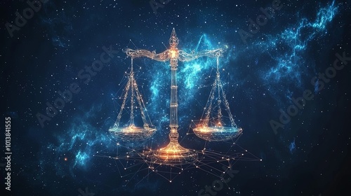 A luminous pair of scales standing illuminated against a cosmic background, reflecting themes of justice and balance in a boundaryless astral expanse. photo