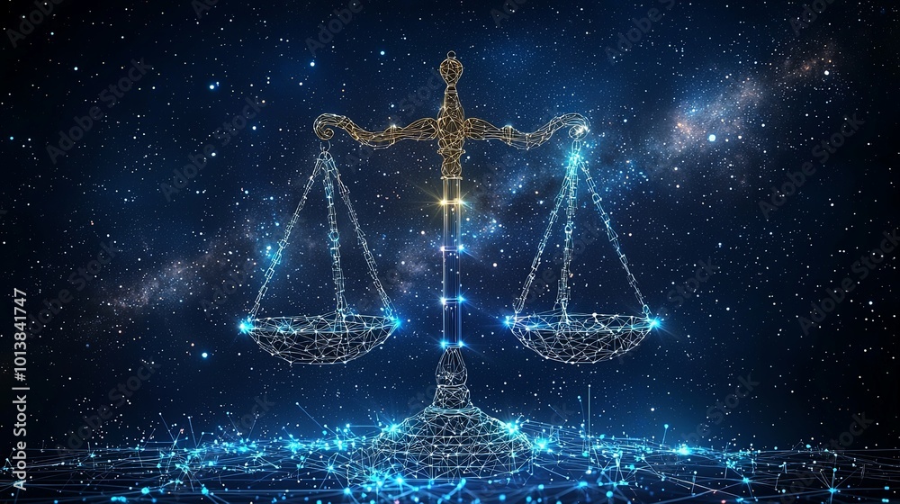 A luminous digital scale set against a cosmic starry background, illustrating the concept of balance and justice amidst the vastness of outer space. A luminous digital scale set against a cosmic starry background, illustrating the concept of balance and justice amidst the vastness of outer space.