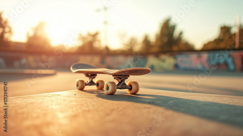 A skateboard is sitting on a concrete surface in a park