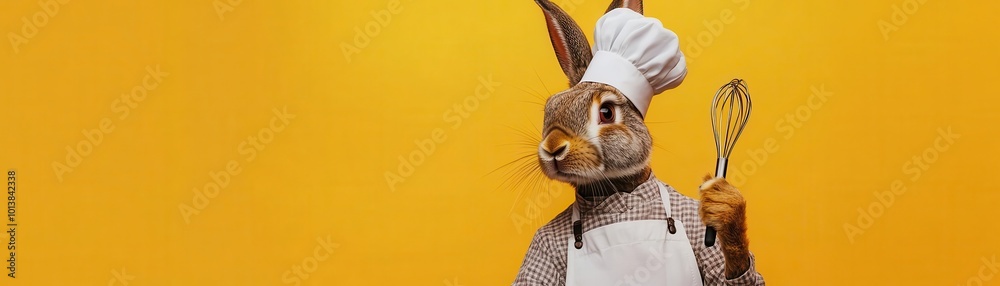 Naklejka premium Rabbit dressed as a chef, holding a whisk and wearing a white apron, against a bold orange background