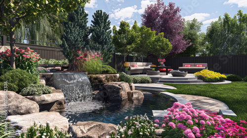 Wallpaper Mural Backyard landscape featuring a water feature, vibrant flowers, and functional outdoor spaces for gatherings Torontodigital.ca