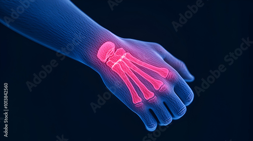 Man with painful wrist with dark blue background Ideal for children's fantasy stories or imaginative art projects, copy space, AI GeneratedMedical X Ray 3D Illustration Ideal for children's fantasy