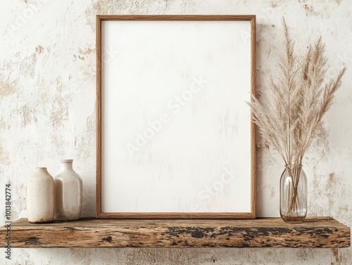 A rustic styled wooden shelf adorned with a blank frame, ceramic bottles, and a vase filled with dried plants adding natural charm.