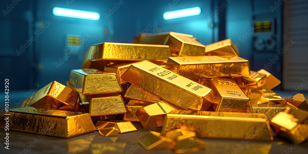 A heap of gold bars, glinting in the harsh fluorescent light of a secure vault.