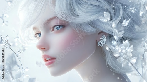 Elegant Woman with White Hair and Floral Details in a Dreamy Winter Scene