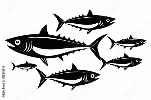 A set of Mackerel fishes silhouette black vector art illustration