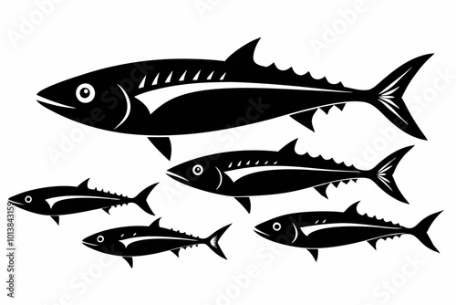 A set of Mackerel fishes silhouette black vector art illustration