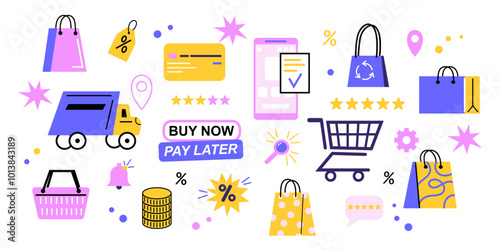 Set of shopping icons stickers. Discounts, Electronic check, Buy now, pay later. Flat vector