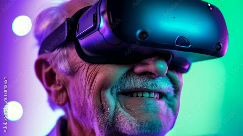 An elderly man enjoying virtual reality with a smile, immersed in a colorful digital experience.