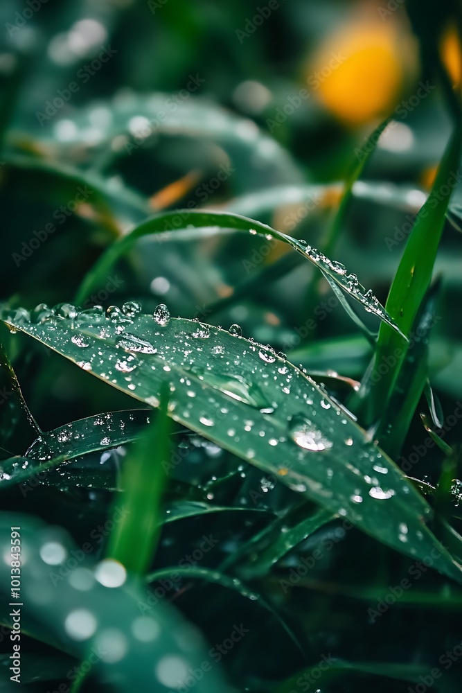Closeup of Dew Drops on Green Grass Blades Closeup of Dew Drops on Green Grass Blades
