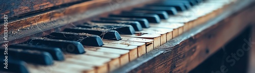Close-up of an old, dusty piano keyboard with worn keys, showcasing timeless beauty and musical nostalgia.