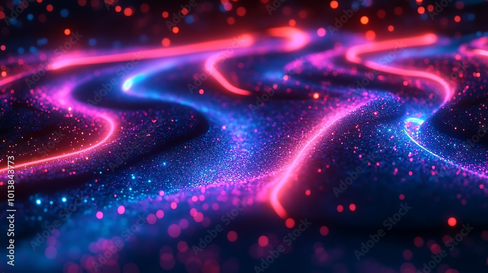 Fototapeta premium A vibrant, abstract wave of blue and pink light trails illuminated against a dark background, creating a dynamic and futuristic visual effect.
