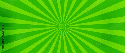 Green sun rays background with halftone. Cartoon funny retro pattern strip mock up. Vector halftone illustration. Vintage backdrop for comic superhero text, speech bubble, message.