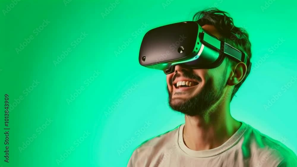 A smiling person wearing a virtual reality headset against a green background. A smiling person wearing a virtual reality headset against a green background.