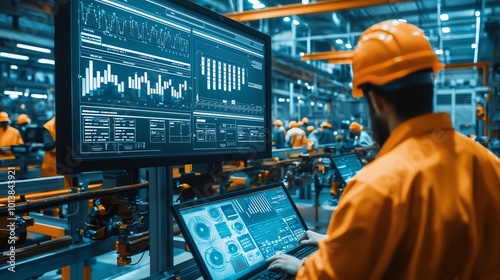 A worker in an industrial setting analyzes data on a touchscreen in a factory filled with machinery and bright lighting.