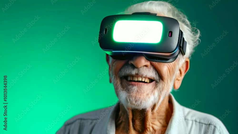 An elderly man enjoying virtual reality with a smile, showcasing technology's accessibility. An elderly man enjoying virtual reality with a smile, showcasing technology's accessibility.