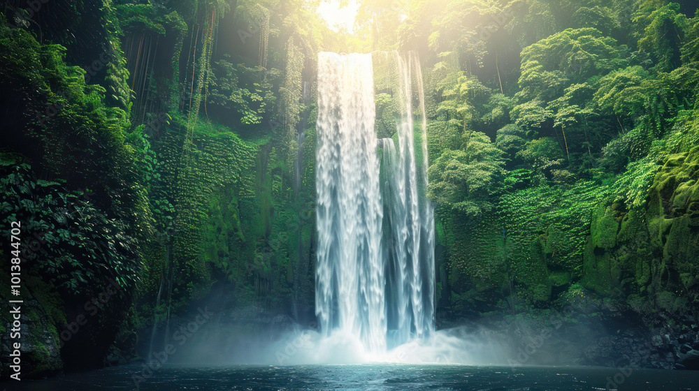 Majestic waterfall in the middle of a lush tropical forest, captured with long exposure for smooth water effect Majestic waterfall in the middle of a lush tropical forest, captured with long exposure for smooth water effect